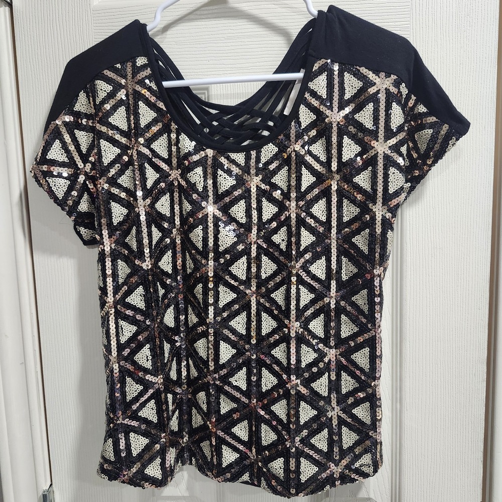 Black Gold Sequin Geometric Top Strappy Back Oversized Fit Women's XS